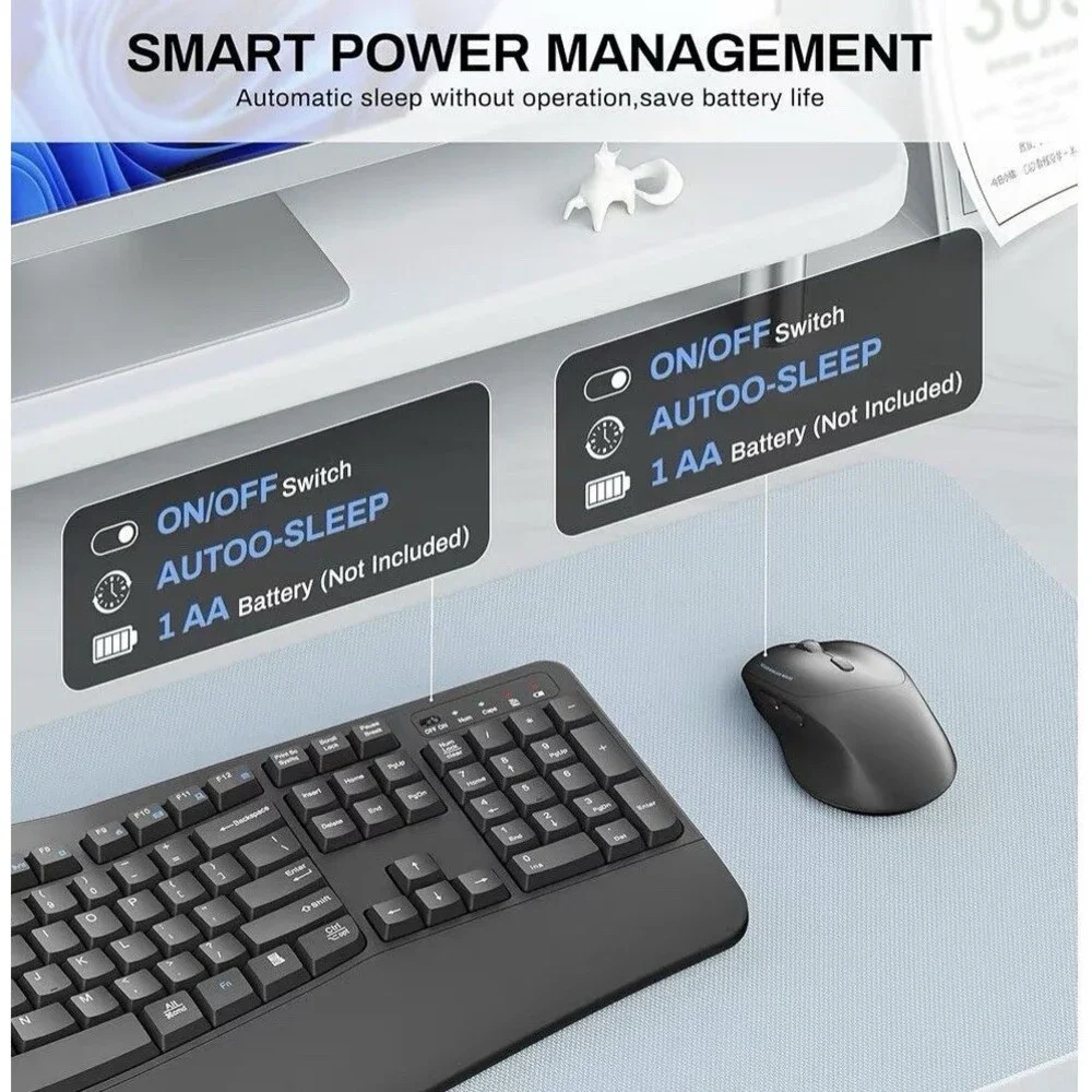 Wireless Keyboard and Mouse Combo,2.4G Full Size Wave Keys Ergonomic Keyboard